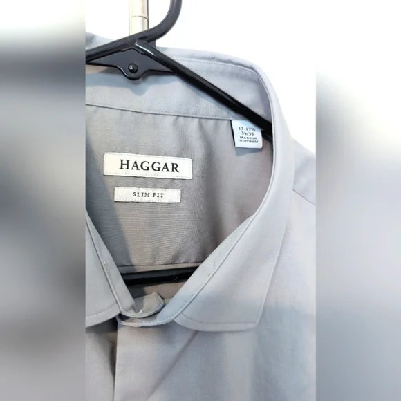 Haggar men's dress shirt slim fit grey gray wrinkle resistant size 17 - 17.5 EUC - Picture 2 of 4
